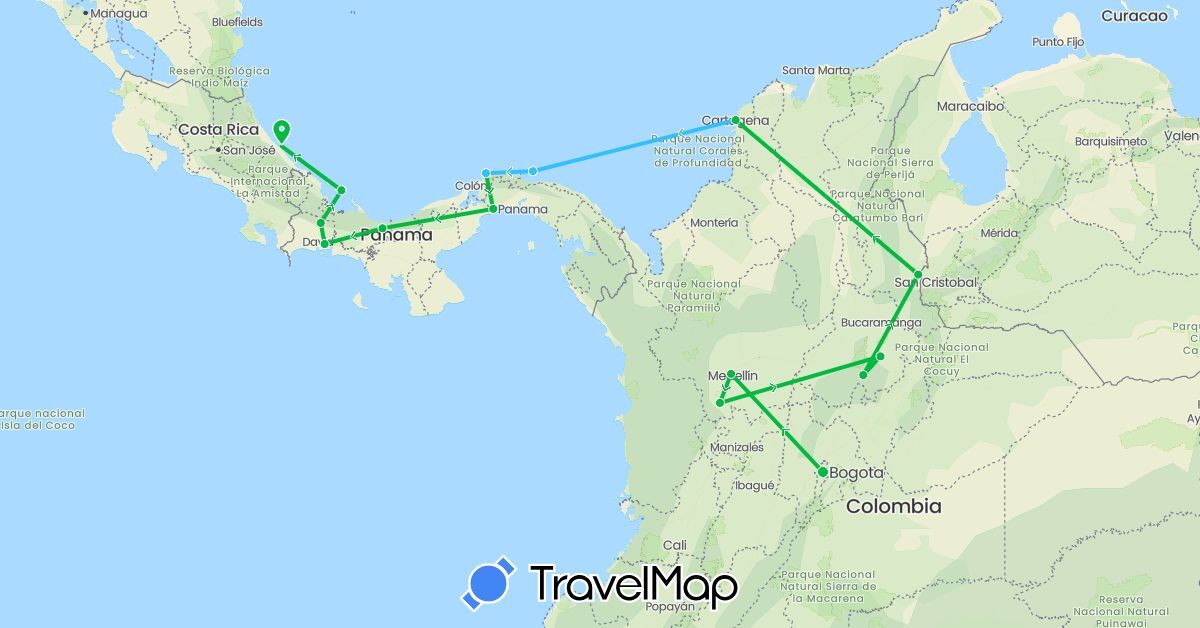 TravelMap itinerary: driving, bus, boat in Colombia, Costa Rica, Panama (North America, South America)